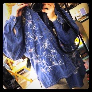 Denim floral embroidered oversized button up
